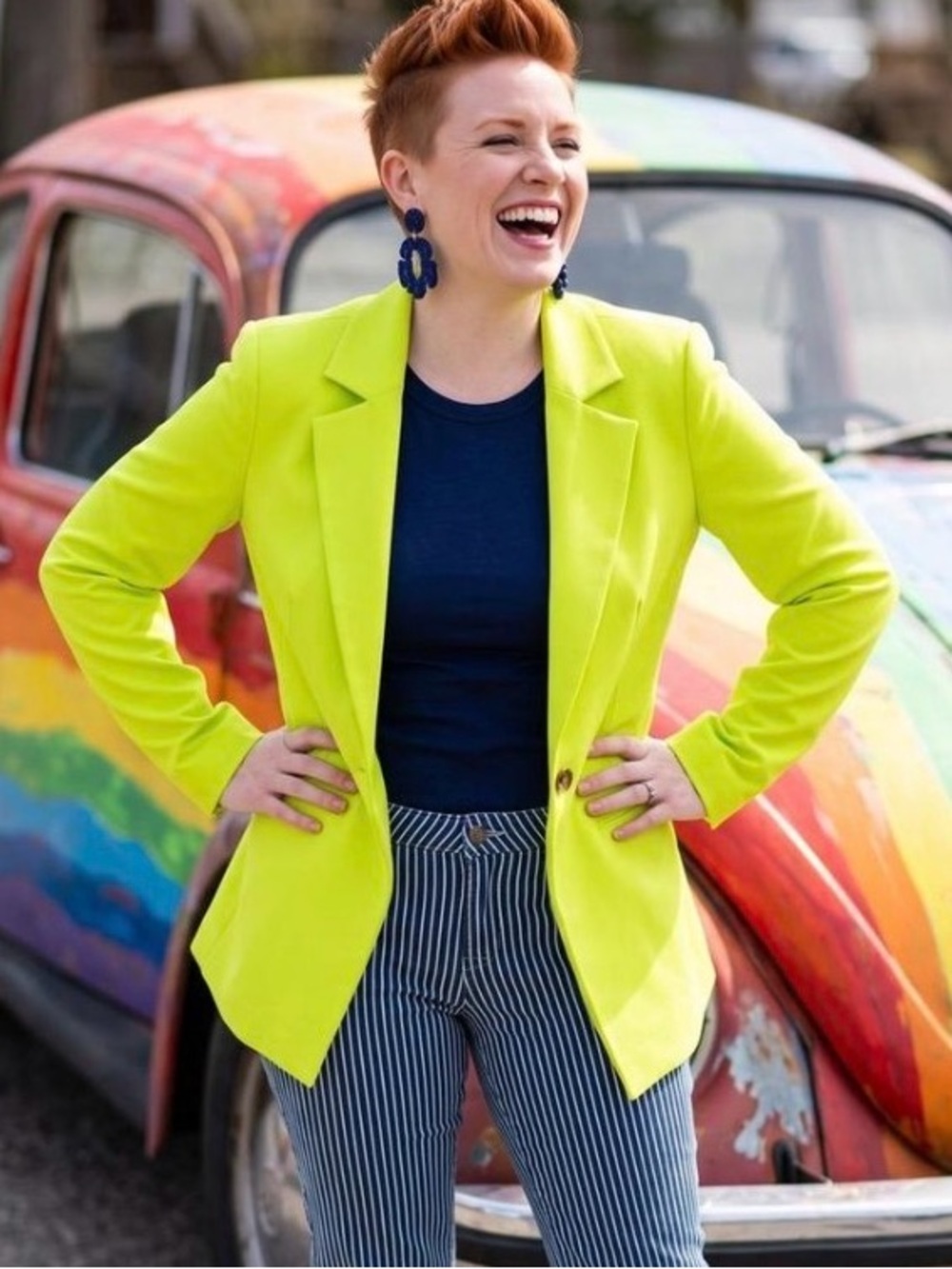 Wildfang The Empower Blazer Womens Neon Lime Green Double Breasted Long